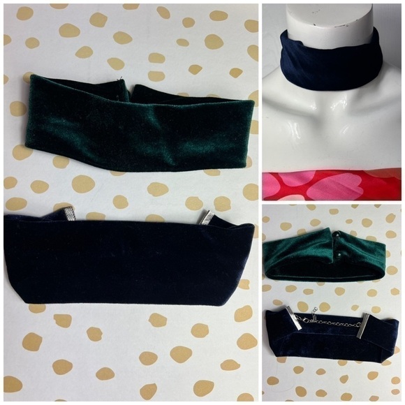 2 Velvet Chokers Emerald Green Navy Blue Thick Wide Band Necklace - Picture 1 of 14